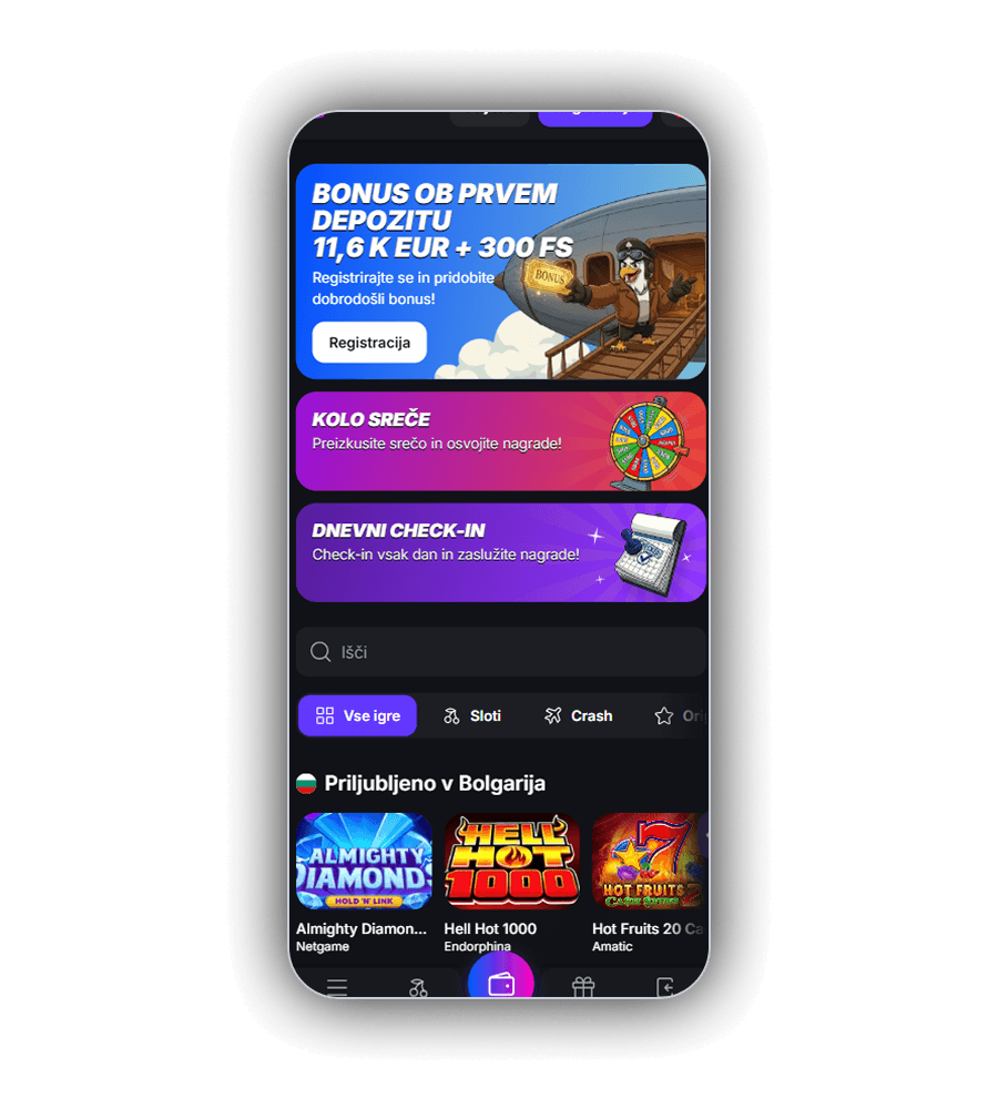 Avla Zeppelin Casino na telefonu z modro pasico Bonus ob prvem depozitu 11,6 K EUR + 300 FS, besedilom Registrirajte se in pridobite dobrodošli bonus in belim gumbom Registracija, ptičem pilotom z napisom BONUS na stopnicah zračne ladje, karticama Kolo sreče in Dnevni check-in, iskalnikom Išči, zavihki Vse igre, Sloti in Crash ter vrstico Priljubljeno v Bolgarija z igrami Almighty Diamonds, Hell Hot 1000 in Hot Fruits 20
