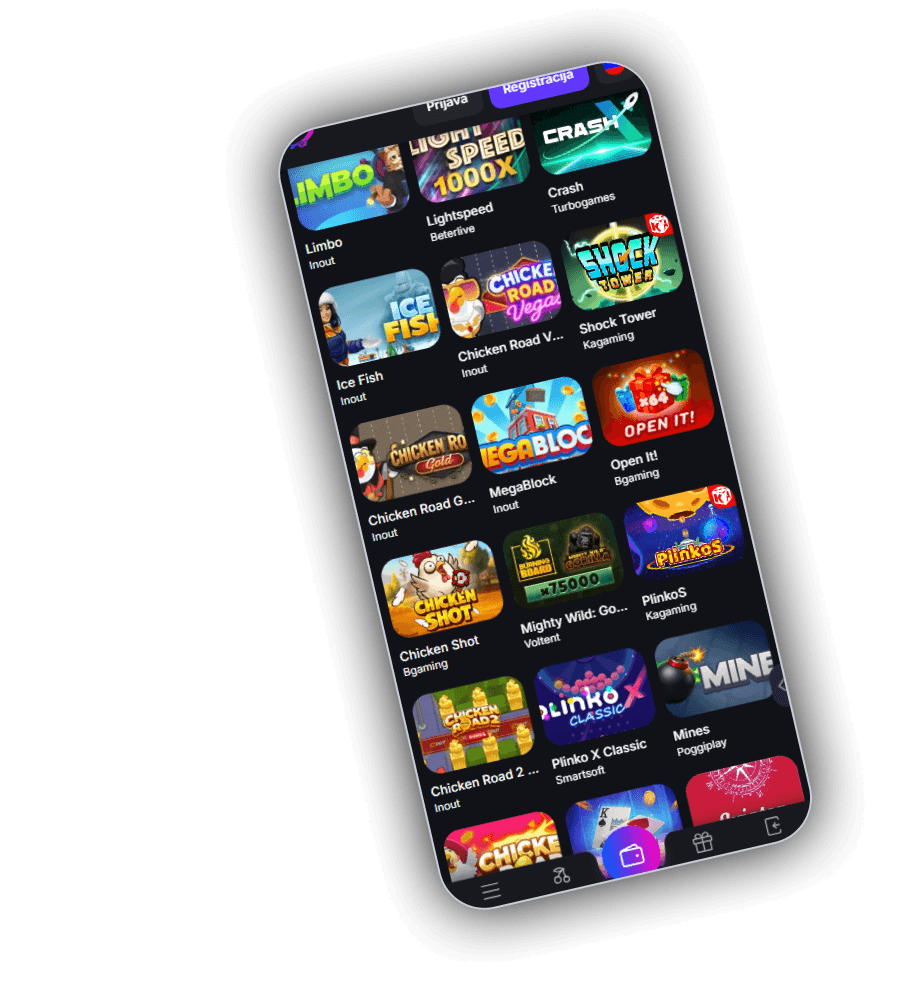 Mreža iger Zeppelin Casino na telefonu z gumboma Prijava in Registracija na vrhu ter naslovi Limbo, Lightspeed, Crash, Ice Fish, Chicken Road Vegas, Shock Tower, Chicken Road Gold, MegaBlock, Open It, Chicken Shot, Mighty Wild, PlinkoS, Chicken Road 2, Plinko X Classic in Mines z imeni studiev pod vsako sliko
