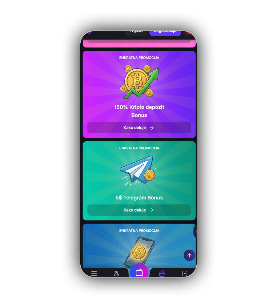 Stran promocij Zeppelin Casino na telefonu z zgoraj odrezano rožnato kartico, vijolično kartico Enkratna promocija s kovanci Bitcoin, zeleno puščico in napisom 150% Kripto depozit Bonus, turkizno kartico 5$ Telegram Bonus s papirnatim letalom in kovancem ter modro kartico s telefonom in kovancem, vse z gumbom Kako deluje