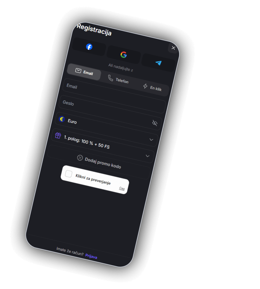Registracijski obrazec Zeppelin Casino na telefonu z naslovom Registracija, gumbi Facebook, Google in Telegram, vrstico Ali nadaljujte z, zavihki Email, Telefon in En klik, poljema Email in Geslo, izbiro valute Euro, vrstico 1. polog: 100 % + 50 FS, gumbom Dodaj promo kodo, poljem Klikni za preverjanje in vrstico Imate že račun? Prijava