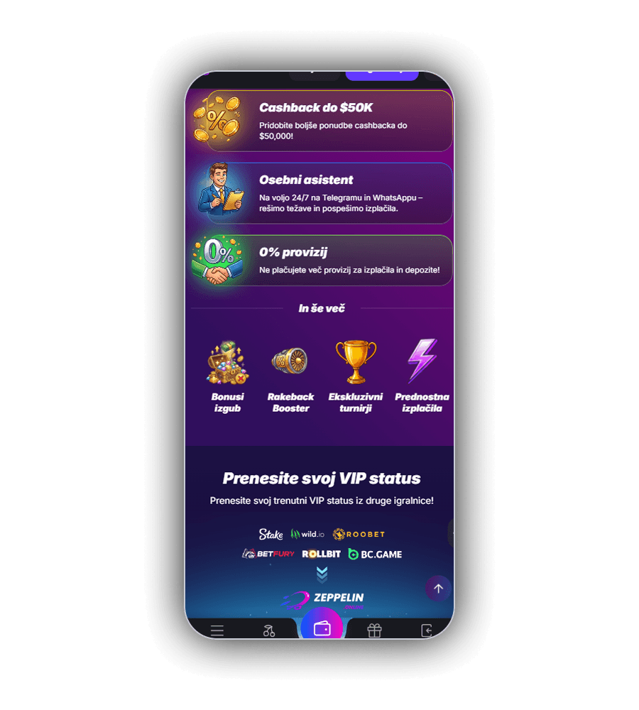VIP stran Zeppelin Casino na telefonu s karticami Cashback do $50K, Osebni asistent z dosegljivostjo 24/7 na Telegramu in WhatsAppu ter 0% provizij, vrstico In še več z ikonami Bonusi izgub, Rakeback Booster, Ekskluzivni turnirji in Prednostna izplačila ter razdelkom Prenesite svoj VIP status z logotipi Stake, wild.io, Roobet, BetFury, Rollbit in BC.GAME, ki kažejo proti logotipu Zeppelin
